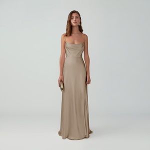 Fame and Partners as Strappy Draped Gown in “Dark Tan” Long Elegant Gown NWT